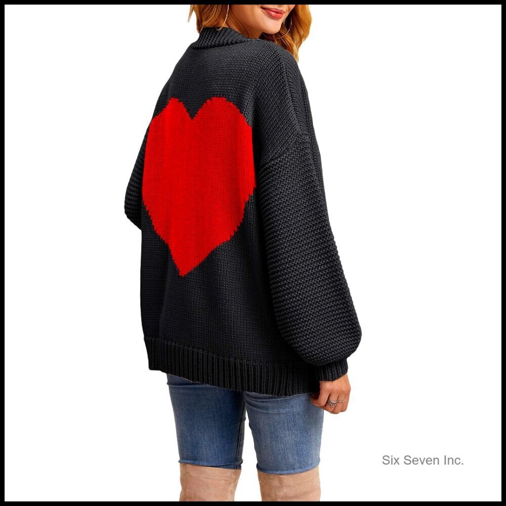Oversized Love Heart Print Cardigan Boho Casual Open Front Sweater Coat
